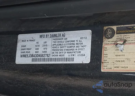 2013 Smart Fortwo Passion/Pure z USA, uszkodzony, nr VIN WMEEJ3BA3DK682782